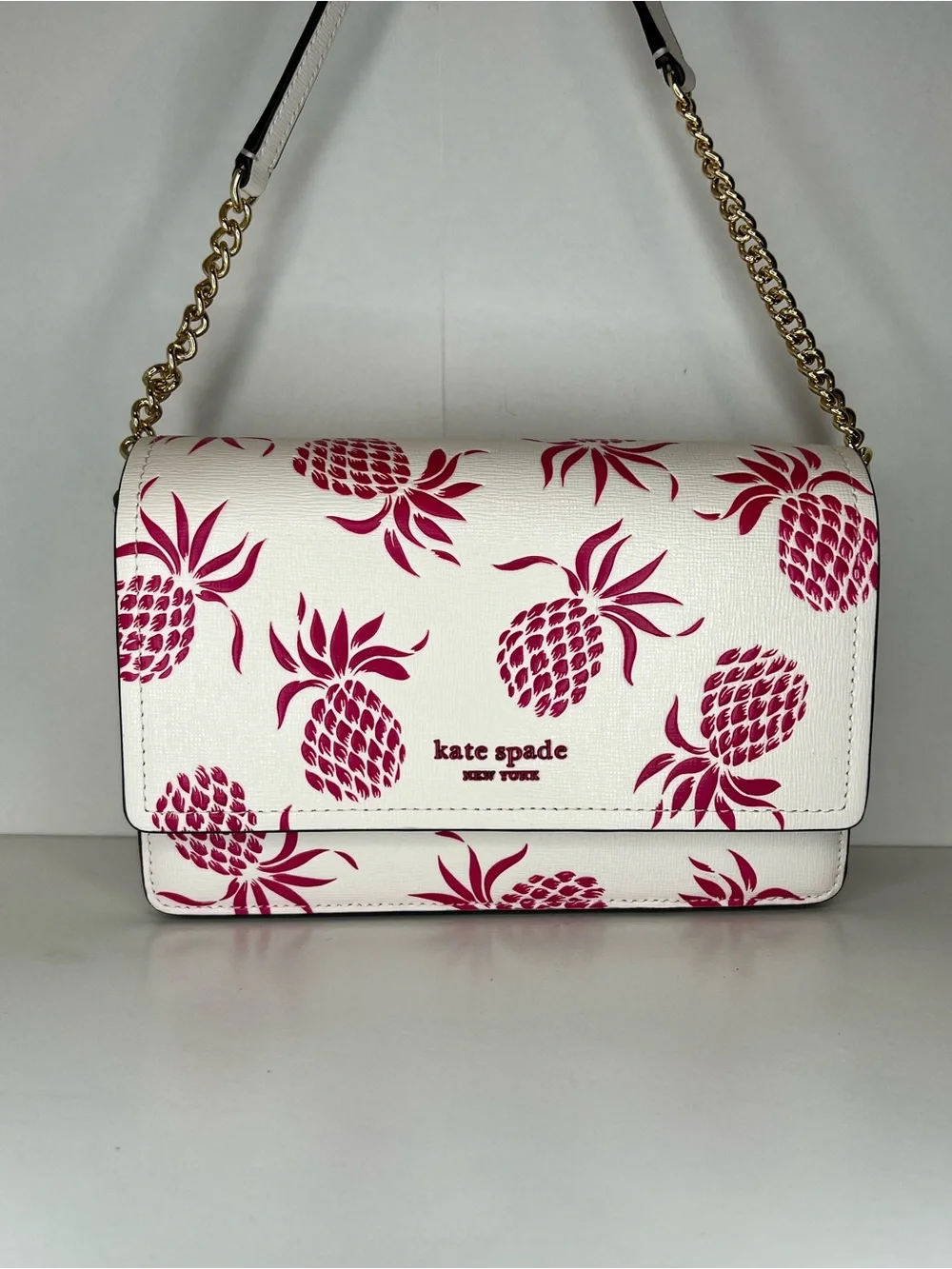 kate spade Morgan Flap Chain Wallet Crossbody with Pink Pineapples